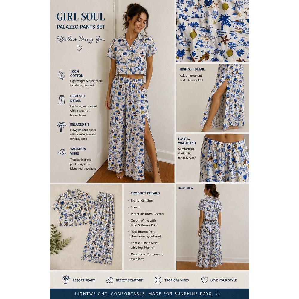 Girl Soul Mediterranean Print 2 Piece Set Crop Top‎ Slit Palazzo Pants L Cotton
